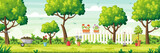 Summer garden with garden tools and fence. Vector Illustrations with separate layers. Concept for banner, web background and templates.