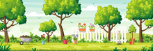 Summer Garden With Garden Tools And Fence. Vector Illustrations With Separate Layers. Concept For Banner, Web Background And Templates.