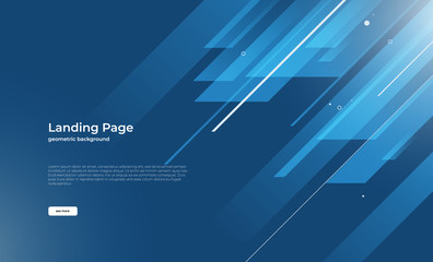 Blue landing page with geometric shape.