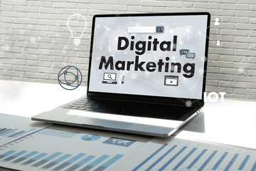 Wall Mural - digital marketing new startup project work analysing and advertisement man brainstorming to seo bran