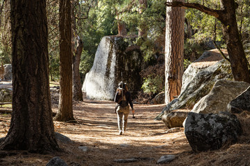 Woman hiking along trail in Yosemite National Park