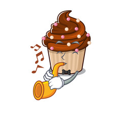 Sticker - mascot design concept of chocolate cupcake playing a trumpet