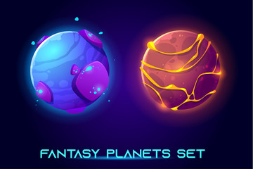 Wall Mural - Fantasy space planets for ui galaxy game. Vector cartoon icons set of magic alien world, fantastic cosmic objects with stones, liquid fire or lava, holes. Fantastic astronomy collection