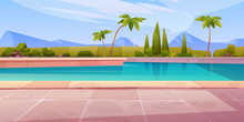 Swimming Pool In Hotel Or Resort Outdoors, Empty Poolside With Blue Water, Palm Trees, Green Plant Fencing And Tiled Floor On Mountain Landscape Background. Exotic Island Cartoon Vector Illustration