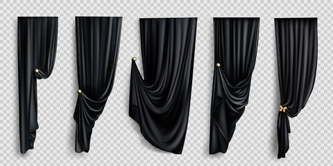 black window curtains set, folded cloth for interior decoration isolated on transparent background. 