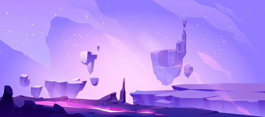 Wall Mural - space background with landscape of alien planet with craters and lighted crack. vector cartoon fanta