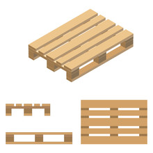 Wooden Pallet. Isometric Design, Flat Design, Top View, Front And Side View. Vector Illustration.