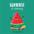 Summer is coming with cute watermelon character on skateboard.