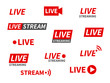 Live streaming icons. Broadcasting video news, tv stream screen banners. Online channel, live event stickers isolated vector set