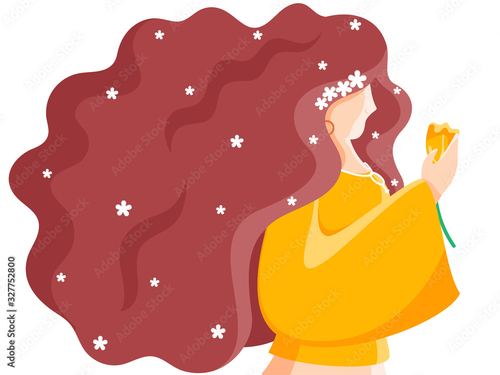 Side View of Cartoon Young Girl holding Flower on White Background.