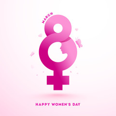 Poster - Pink Paper Cut Style 8 Number with Female Gender Sign and Butterflies on White Background for Happy Women's Day.