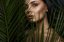 Wild Woman In Jungle. Beautiful Girl In Palms. Make-up