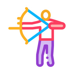 Sticker - Shooting Archer Silhouette Icon Thin Line Vector. Archer Standing With Bow And Arrow Ready For Shoot Color Symbol Illustration