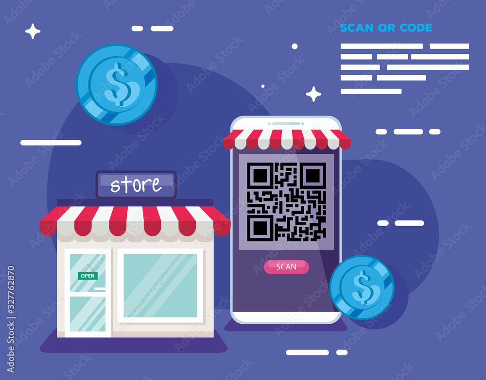 qr code smartphone store and coins design of technology scan ...