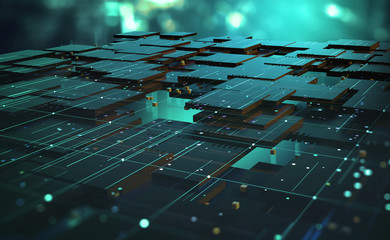 Fototapete - Blockchain, high-tech background and information clusters. Bigdata concept of digital cyberspace. Quantum Architecture 3D Illustration