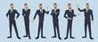 Businessman, office worker. Set of cartoon illustrations of man wearing business suit and standing in different poses. Vector isolated on the white background.