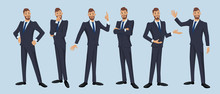 Businessman, Office Worker. Set Of Cartoon Illustrations Of Man Wearing Business Suit And Standing In Different Poses. Vector Isolated On The White Background.