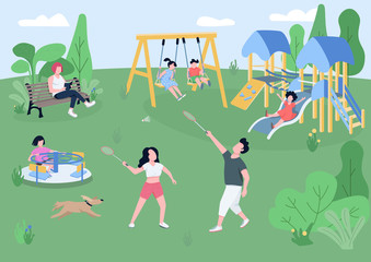 Wall Mural - children playground flat color vector illustration. kids on carousel, slide and swing, people playin