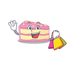 Wall Mural - A friendly rich strawberry slice cake waving and holding Shopping bag