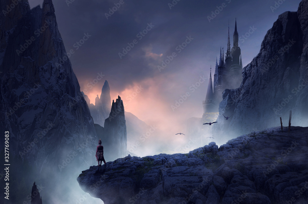 fantasy castle landscape in mountains - obrazy, fototapety, plakaty 