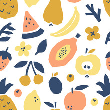 Cute Abstract Seamless Background With Fruits Collage, Cut Paper Pieces Immitation, Trendy Minimal Graphic Design Style