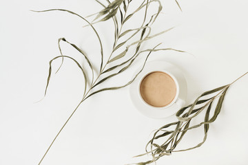 Wall Mural - Closeup of stringy green plant and coffee cup on white background. Flat lay, top view.