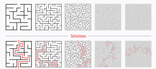 Labyrinth templates with solution in red. Vector illustration of set of 5 square mazes for kids and not only at different levels of complexity.