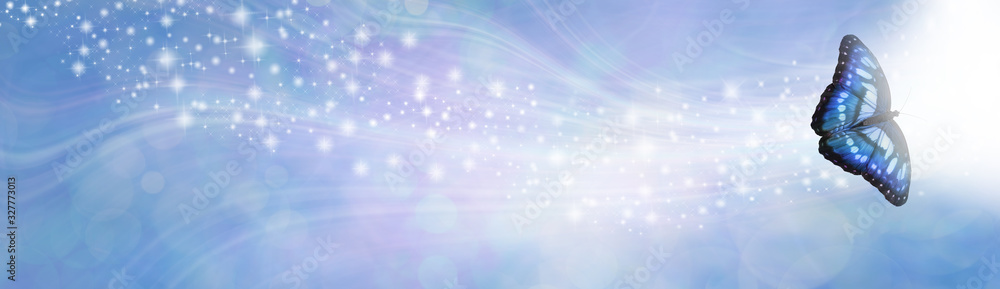 Blue Spiritual Sparkle Butterfly Message Banner - wide gaseous flowing glittering shimmering banner with a beautiful open winged butterfly in right corner moving towards white light and copy space  - obrazy, fototapety, plakaty 