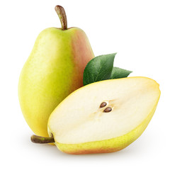 Sticker - Isolated pears. Whole and half of yellow pear fruit isolated on white background with clipping path