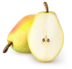 Wall Mural - Isolated pears. Whole and half of yellow pear fruit isolated on white background, with clipping path
