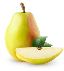 Wall Mural - Isolated pears. Whole and piece of yellow pear fruit isolated on white background with clipping path
