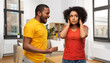 relationships and people concept - unhappy african american couple having argument over home background