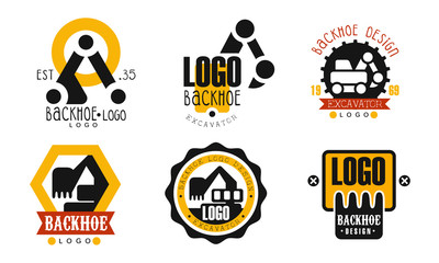 Sticker - Backhoe Logo Design Collection, Excavator Construction Equipment Retro Badges Vector Illustration on White Background