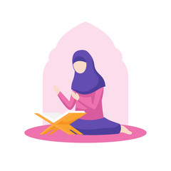 Wall Mural - Muslim woman praying to allah during reading al quran vector flat illustration. girl sitting in front holy book of islam with begging hand gesture character design