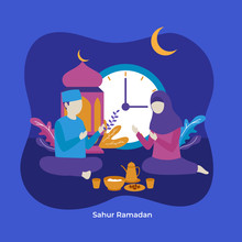 Muslim Man And Woman Praying To Allah Together During Sahur Eat Time To Prepare Full Day Fasting Vector Flat Illustration. Islam Ramadan Activity Character Concept Poster Background Design.