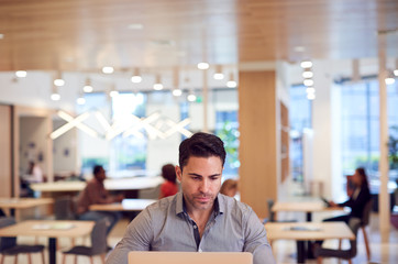 Businessman At Desk In Modern Office Work Space With Laptop