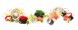 Fototapeta Łazienka - Different sushi rolls and ingredients on white background