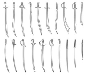 Wall Mural - Set of simple monochrome images of sabers and cutlasses drawn by lines.