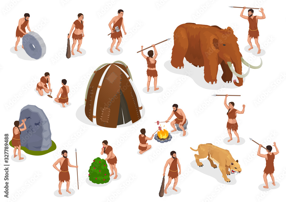 Caveman Prehistoric People Set - obrazy, fototapety, plakaty 