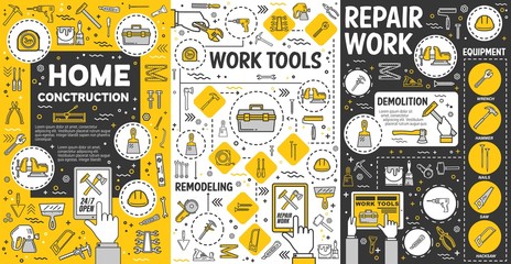 Sticker - Hose remodeling, home construction, renovation and repair work tools. Vector carpentry, engineering and construction handyman service hand tools, drill and saw, paint, hammer and ruler toolkit