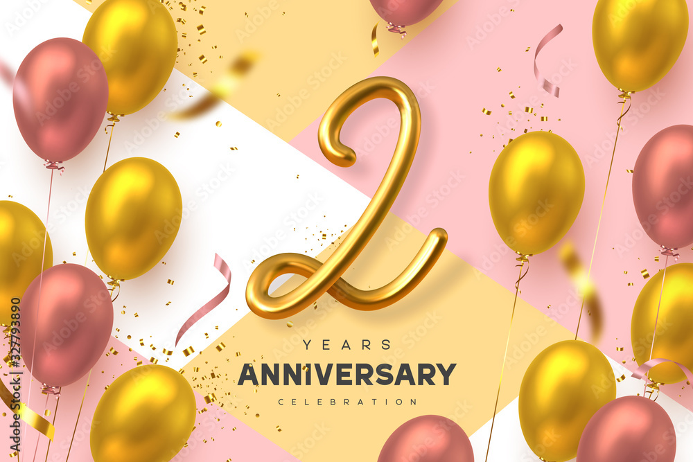 2 years anniversary celebration banner. 3d handwritten golden metallic number 2 and glossy balloons with confetti. Vector realistic template. - obrazy, fototapety, plakaty 