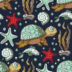 Wall Mural - Cartoon turtle animal seamless vector pattern. Hand drawn summer ocean background tropical illustration with cute tortoise, shell, fish and starfish. Underwater colour sea doodle drawing.