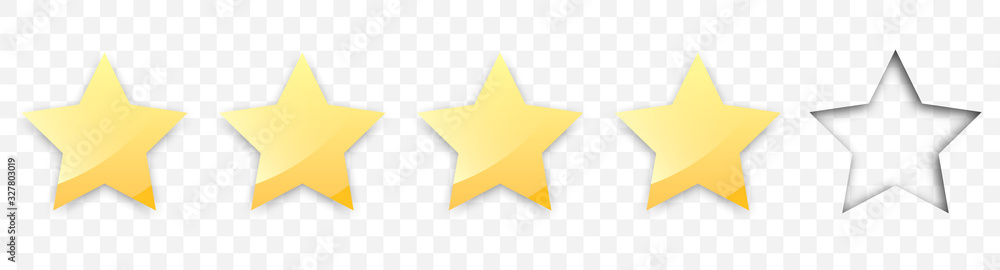 Four golden stars with shadow for review of product rating on a transparent background, for web sites and mobile applications. Vector illustration EPS10 - obrazy, fototapety, plakaty 