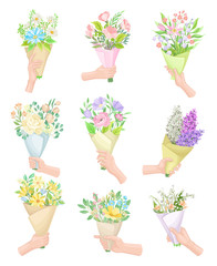  Hands Holding Flower Bouquets Wrapped in Craft Paper Vector Set
