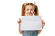 © producer - Happy cute child holding empty blank isolated on white background. kid with placard board for your text. girl with white sheet of paper. copy space
