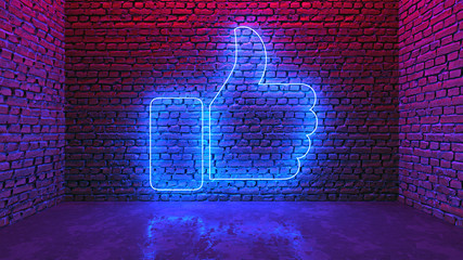 Glowing neon thumb up or like on brick wall in dark room