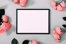 Beautiful Flowers Composition. Blank Frame For Text, Pink Rose Flowers On Gray Background. Valentines Day, Birthday, Happy Women's Day, Mother's Day. Flat Lay, Top View, Copy Space