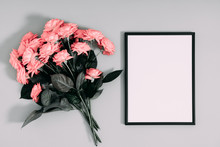 Beautiful Flowers Composition. Blank Frame For Text, Pink Rose Flowers On Gray Background. Valentines Day, Birthday, Happy Women's Day, Mother's Day. Flat Lay, Top View, Copy Space