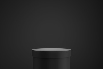 Black podium or pedestal display on dark background with cylinder stand concept. Blank product shelf standing backdrop. 3D rendering.