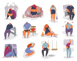 people feel lonely vector illustration set. cartoon young woman man character sitting alone, feeling